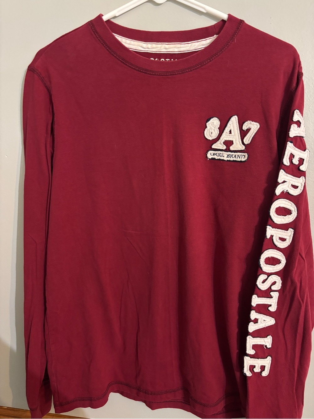 Aeropostale Men's Long Sleeve Crewneck Shirt - Maroon with White Lettering